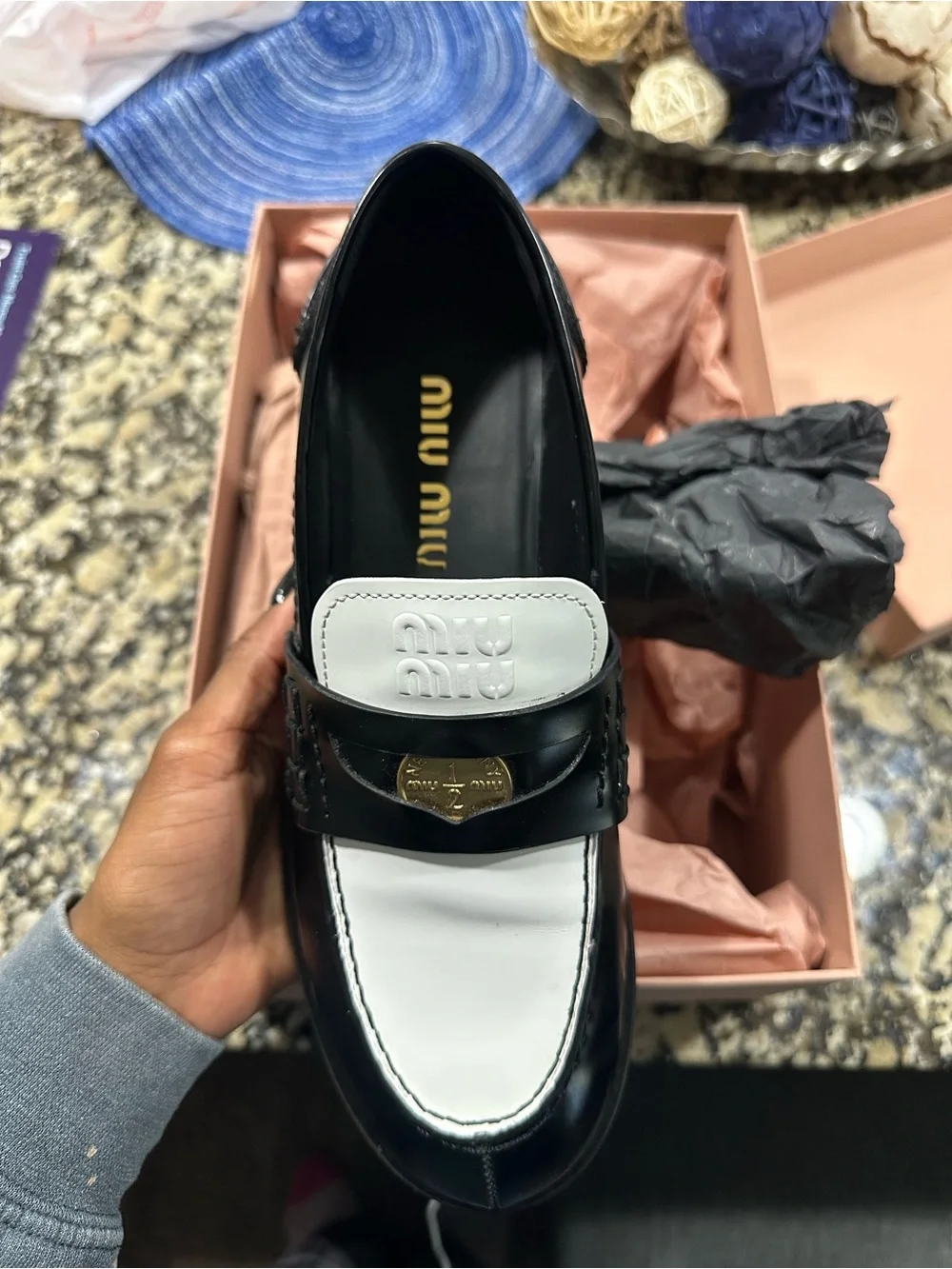 Miu Miu Black and White Leather Loafers